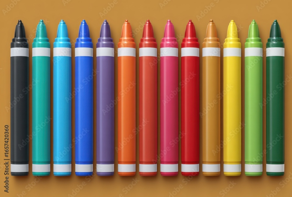 Fototapeta premium Colorful Crayons Arranged in a Row with Bright Shades and Varied Lengths