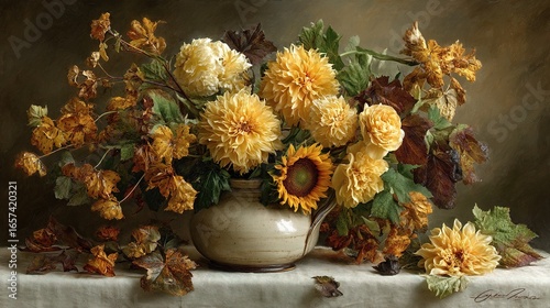 Thanksgiving-themed flower arrangement centerpiece with warm-toned ikebana featuring sunflowers, chrysanthemums, autumn leaves in ceramic vase on dining table, illuminated by golden sunlight