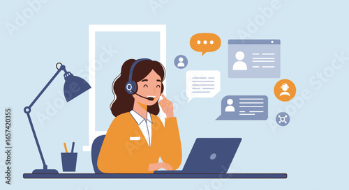 Smiling Customer Service Representative with Headset and Laptop.