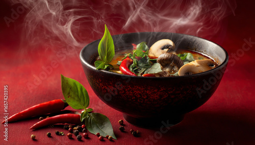 Steaming hot bowl of spicy asian soup with chili peppers and fresh herbs