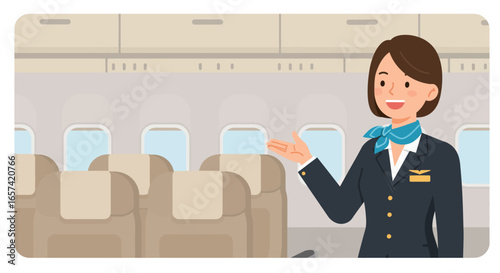 Smiling Flight Attendant Welcoming Passengers on Airplane.