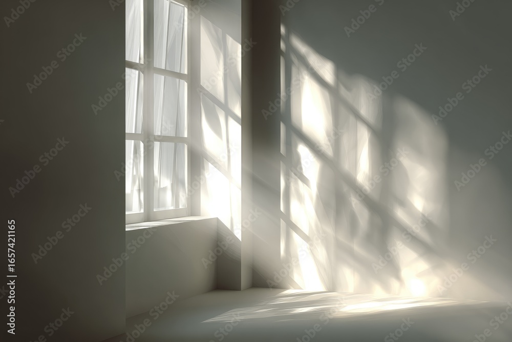 Obraz premium Sunlight streams through a window, casting shadows on a pale room