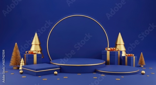 Blue Podium with Golden Trees, Gifts, and Accents on a Dark Blue Background
