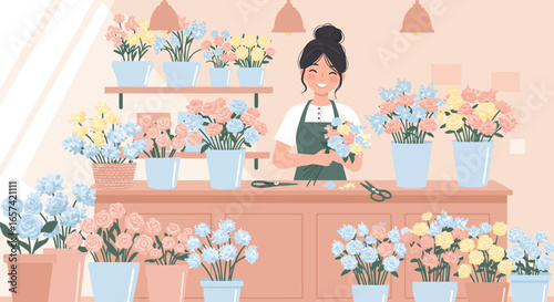 Smiling Florist Arranging Colorful Flowers in Shop.