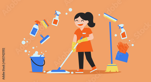 Smiling Cartoon Cleaning Lady with Cleaning Supplies.