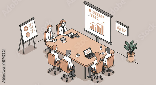 Business Meeting Illustration with People and Presentation Boards.