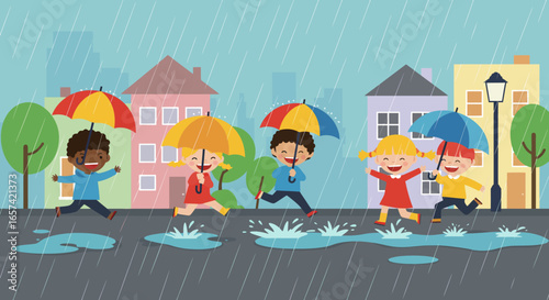 Cheerful Children Running in Rain with Colorful Umbrellas.