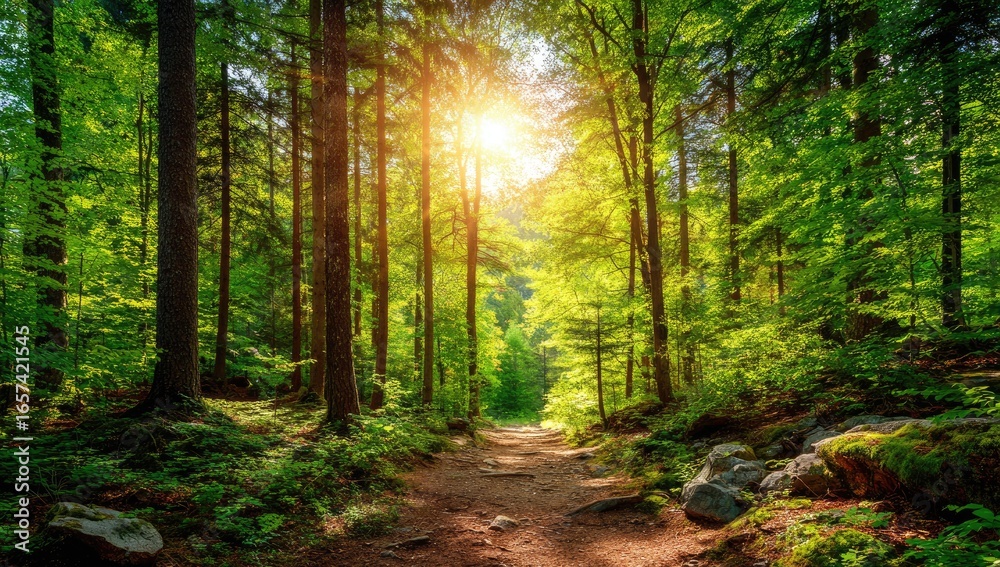 Obraz premium Sunny forest path. Lush greenery, sunlight streams through trees