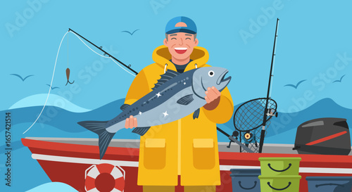 Happy Fisherman Holding a Large Fish on Boat.