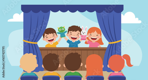 Children Performing Puppet Show with Audience Watching.