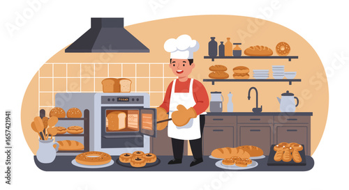 Cheerful Baker Baking Bread in a Bakery Kitchen.