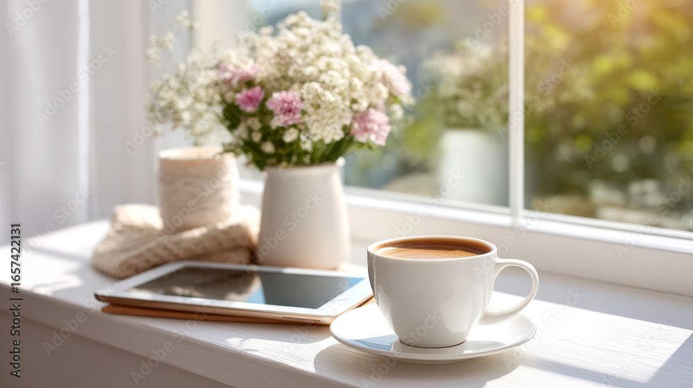 Obraz premium Bright and airy morning setup with cup of coffee, tablet, and flowers on windowsill, creating cozy and inviting atmosphere for relaxation and productivity