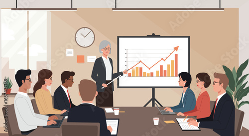 Business Presentation with Team Members and Graph Displayed.