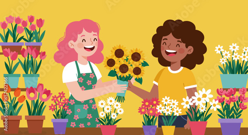 Florist Giving Sunflower Bouquet to Smiling Customer.