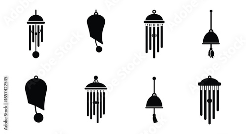 Collection of various wind chime silhouettes in different shapes and designs hanging freely
