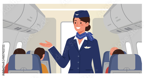 Smiling Flight Attendant Welcoming Passengers on Airplane.