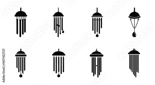 Collection of eight different black wind chime icons on white background silhouette
