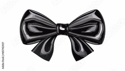 Illustration of a shiny black bow tie with intricate folds and highlights on a plain white background