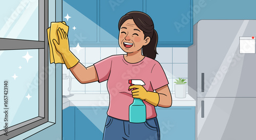 Smiling Woman Cleaning Window with Spray Bottle and Cloth.