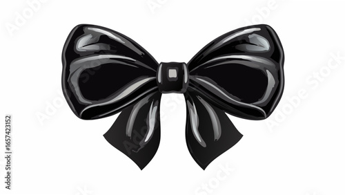 Illustration of a shiny black bow with intricate folds and a central knot on a white background space
