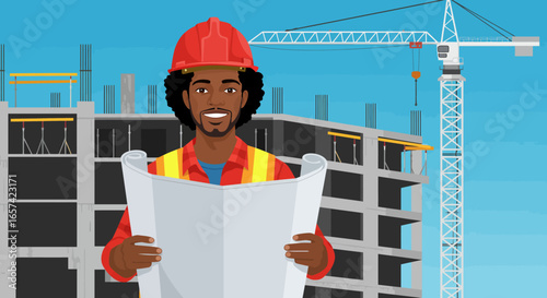 Smiling Black Construction Worker Holding Blueprints at Site.
