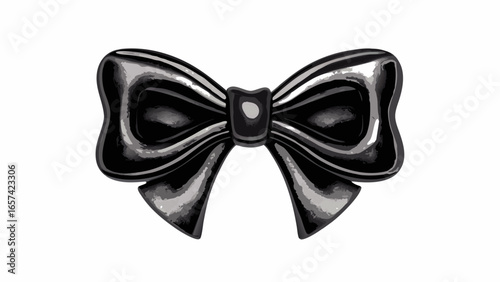 Illustration of a shiny black bow tie with detailed shading and highlights on a white background space