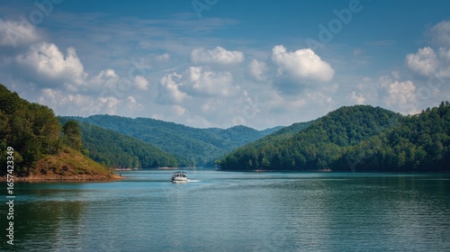 Tennessee Lake. Beautiful Landscape with Boat on Norris Lake, Sunny Day