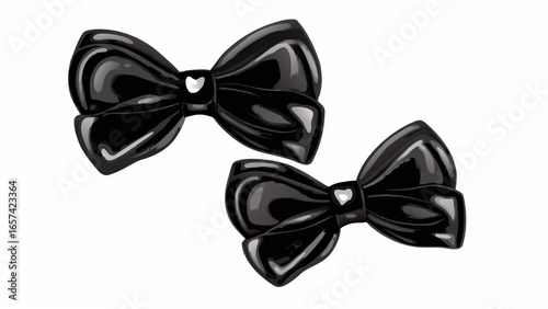 Two glossy black bows with heart shaped details creating a stylish and decorative arrangement on white