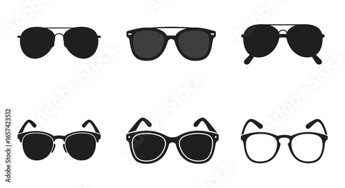 Collection of various stylish sunglasses and eyeglasses on white background silhouette