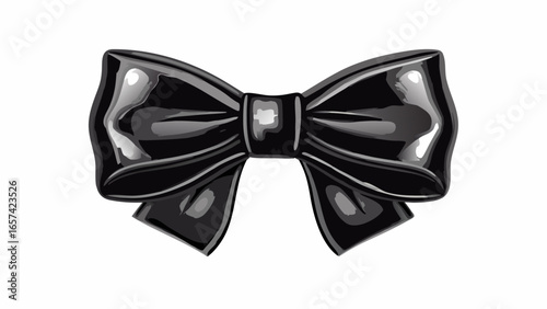 A shiny black bow with detailed folds and highlights presented on a plain white background image here
