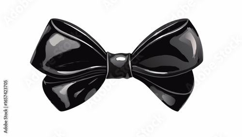 Illustration of a shiny black bow tie accessory with detailed folds and a central knot on white background