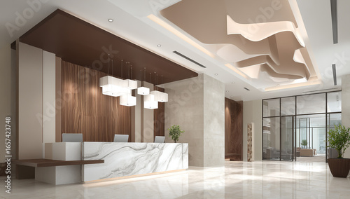 Luxurious hotel lobby reception desk with modern design and elegant lighting