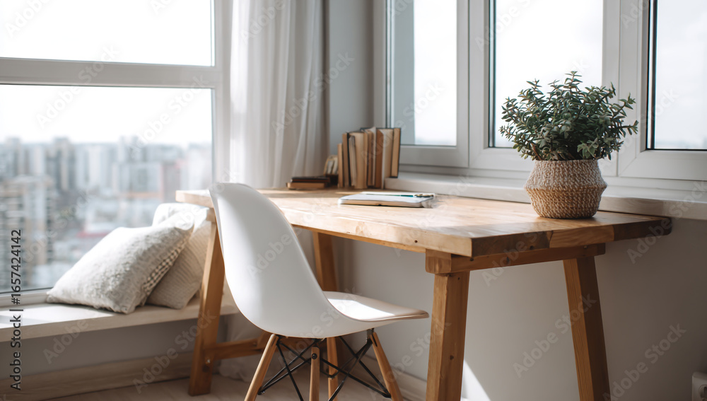 Naklejka premium Cozy home office corner with a wooden desk and chair by a large window