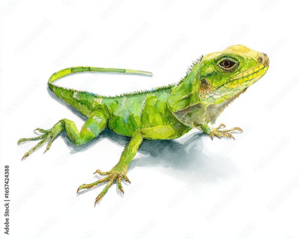 Obraz premium Watercolor Lizard. Closeup Isolated Lizard with Green Tail in Tropical Island Setting