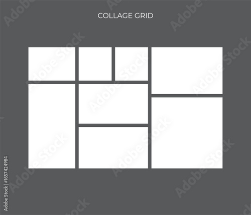This is an image of a photo collage grid icon. It shows a rectangular frame with multiple white cells of varying sizes, representing spaces for pictures. The background is a solid dark gray.