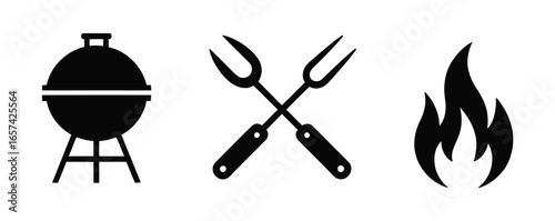 Barbecue grill utensils and flame silhouette