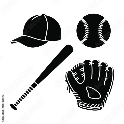 Baseball equipment including cap bat ball and glove silhouette