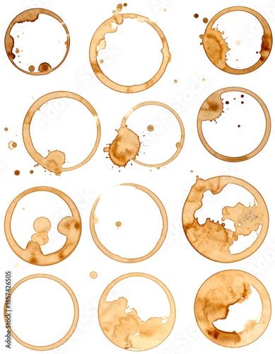 Twelve coffee cup ring stains on white background; varied shapes and shades of brown