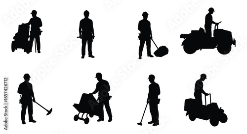 Silhouettes of people working with gardening and landscaping equipment in various poses