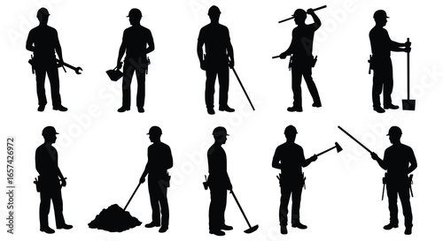 Silhouettes of construction workers with various tools on a white background