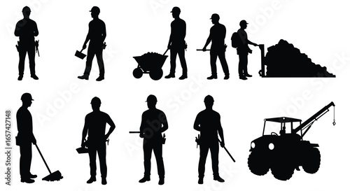 Construction workers and equipment silhouettes in various poses and actions