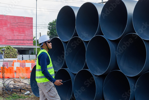 Принти на полотні Engineers are inspecting the readiness and completeness of a large construction project involving pipe laying and road construction