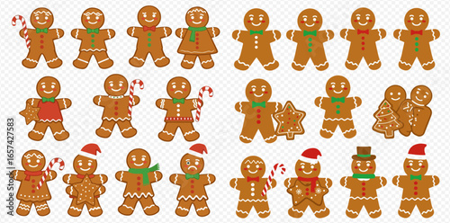 A festive collection of illustrated gingerbread men and women with various Christmas decorations and expressions.