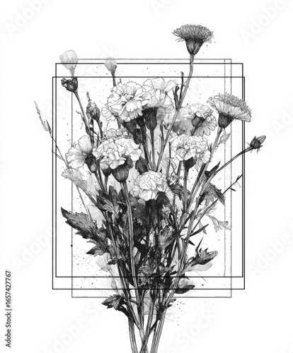 Monochrome floral bouquet illustration, geometric frame, white background, art print