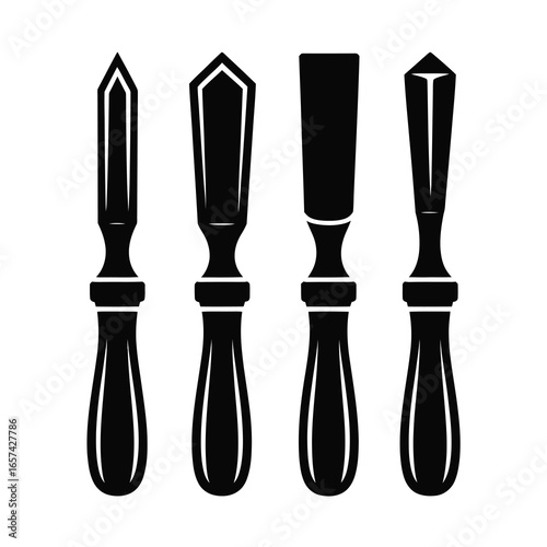 Four woodworking chisels in a row silhouette