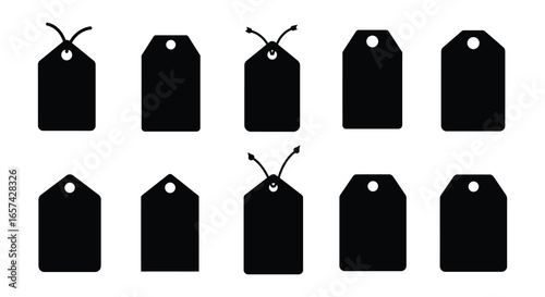 Collection of black price tags with and without strings on white background silhouette