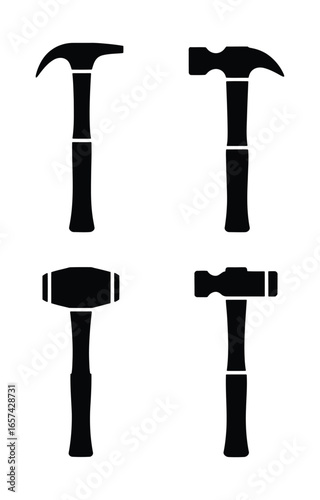 Four different types of hammers in a silhouette style