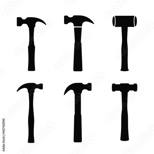Collection of six different hammer silhouettes for tools and construction