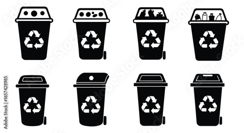 Recycling bins with different lids and recycling symbols on a white background silhouette