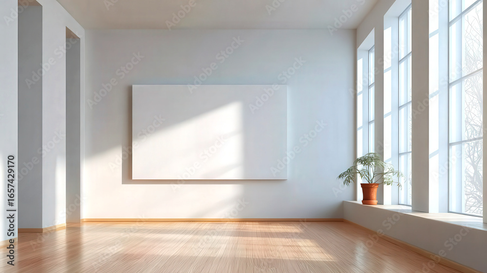Fototapeta premium Bright and spacious minimalist art gallery featuring large blank canvas on wall, natural light streaming through large windows, and potted plant adding touch of greenery